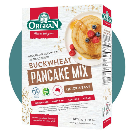 Orgran Buckwheat Pancake Mix (375g) is Low FODMAP, Gluten Free, Vegan, Dairy Free, Nut Free, Soy Free and Egg Free.
