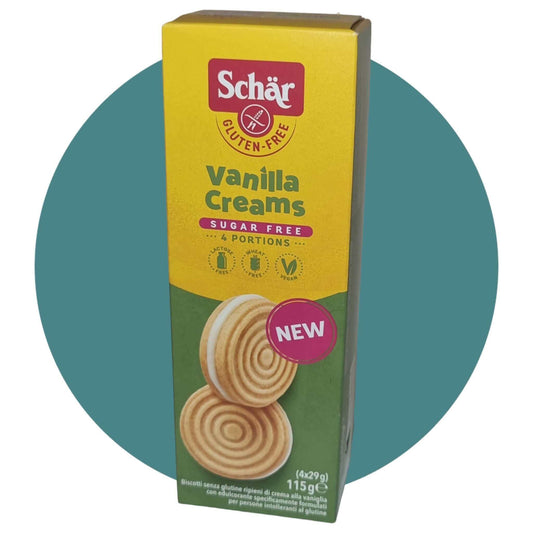 Schar Sugar Free Vanilla Creams (115g) are Gluten Free, Vegan, Dairy Free, Nut Free and Soy Free.