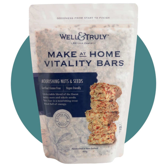 Well and Truly Make at home Vitality Bars (450g) are Gluten Free, Vegan, Dairy Free, Soy Free and Egg Free.