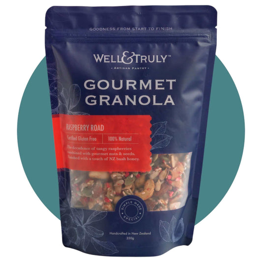 Well and Truly Raspberry Road Gourmet Granola (350g) is Gluten Free, Dairy Free, Soy Free and Egg Free.